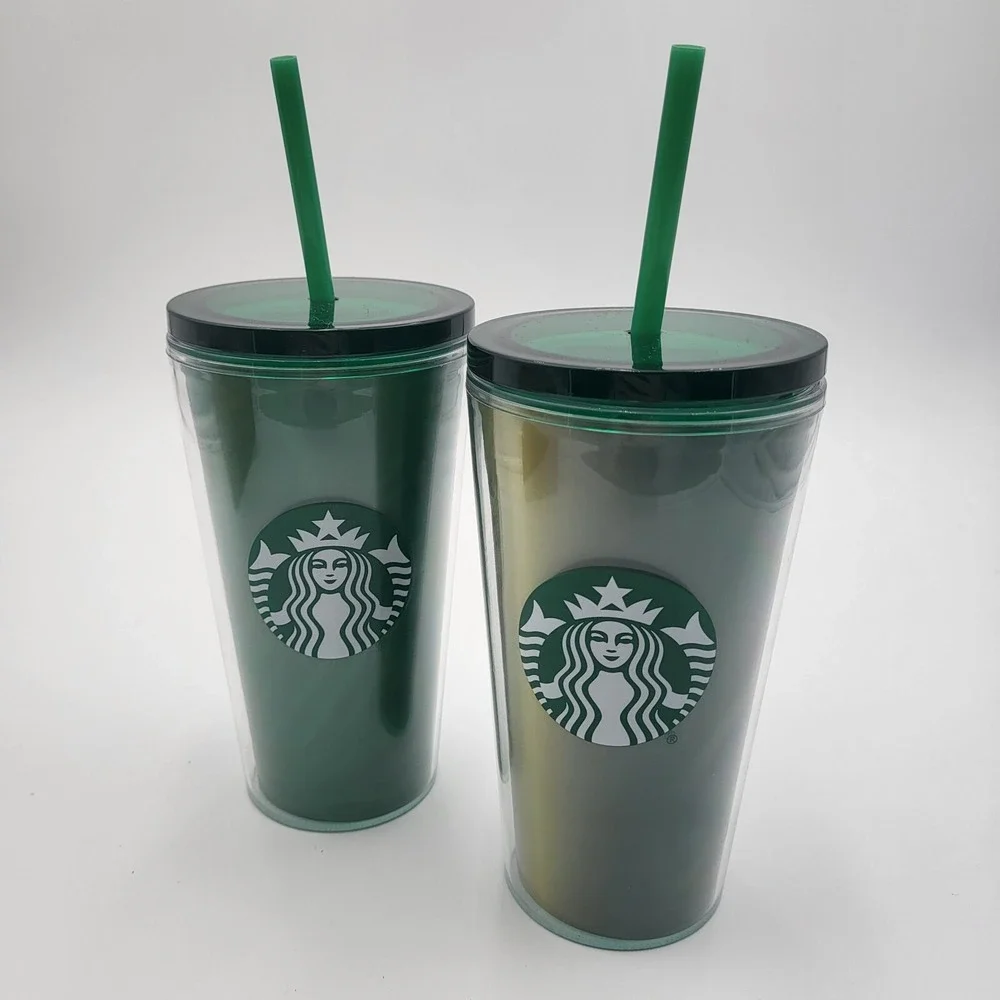 (2) Starbucks Coffee Solid & Gradient Green 16oz Cold Cups Tumblers w/lid, straw